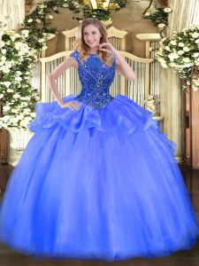 Sweet Blue Ball Gowns Scoop Cap Sleeves Organza Floor Length Zipper Beading Sweet 16 Quinceanera Dress