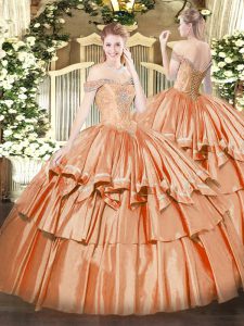 Charming Orange Red Organza Lace Up Off The Shoulder Sleeveless Floor Length Sweet 16 Dress Beading and Ruffled Layers