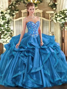 Organza Sweetheart Sleeveless Lace Up Embroidery and Ruffles Quinceanera Dress in Blue