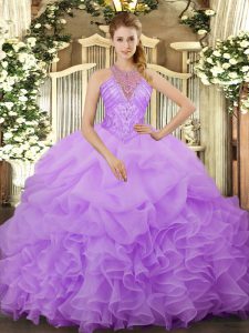 Classical Lavender Sleeveless Floor Length Beading and Ruffles and Pick Ups Lace Up Ball Gown Prom Dress