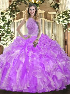 Enchanting High-neck Sleeveless Quinceanera Gown Floor Length Beading and Ruffles Lavender Organza