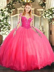 Elegant Coral Red Long Sleeves Tulle Lace Up Vestidos de Quinceanera for Military Ball and Sweet 16 and Quinceanera