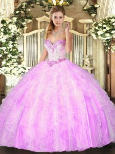 Low Price Sleeveless Organza Floor Length Lace Up Quince Ball Gowns in Lilac with Beading and Ruffles