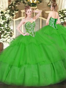 Classical Floor Length Lace Up 15 Quinceanera Dress Green for Military Ball and Sweet 16 and Quinceanera with Beading and Ruffled Layers