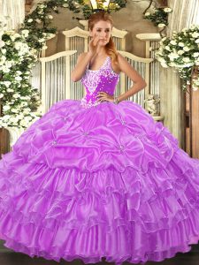 Lilac Lace Up Straps Beading and Ruffled Layers and Pick Ups Quinceanera Dresses Organza Sleeveless