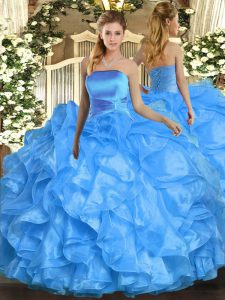 Pretty Baby Blue Strapless Lace Up Ruffles Quinceanera Dresses Sleeveless