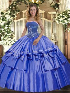 Blue Sleeveless Organza and Taffeta Lace Up Quince Ball Gowns for Military Ball and Sweet 16 and Quinceanera