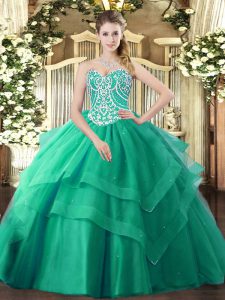 Tulle Sweetheart Sleeveless Lace Up Beading and Ruffled Layers Sweet 16 Dresses in Turquoise