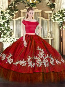 New Arrival Floor Length Wine Red Quinceanera Dress Organza and Taffeta Short Sleeves Embroidery