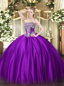 Glittering Strapless Sleeveless Lace Up Quince Ball Gowns Purple Satin