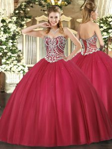 Modest Red Ball Gowns Tulle Sweetheart Sleeveless Beading Floor Length Lace Up Sweet 16 Dress