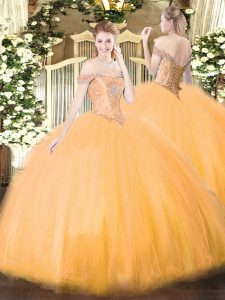Hot Selling Orange Tulle Lace Up Quince Ball Gowns Sleeveless Floor Length Beading