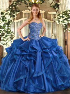 Stunning Sweetheart Sleeveless Vestidos de Quinceanera Floor Length Beading and Ruffles Blue Organza