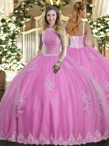 Rose Pink Lace Up Quinceanera Gown Beading and Appliques Sleeveless Floor Length