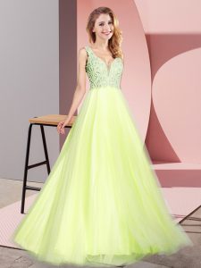 Captivating A-line Prom Evening Gown Light Yellow V-neck Tulle Sleeveless Floor Length Zipper