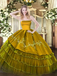 Brown Ball Gowns Strapless Sleeveless Organza and Taffeta Floor Length Zipper Embroidery and Ruffled Layers Sweet 16 Quinceanera Dress