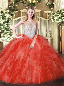 Dramatic Tulle Scoop Sleeveless Zipper Beading and Ruffles Sweet 16 Dress in Coral Red