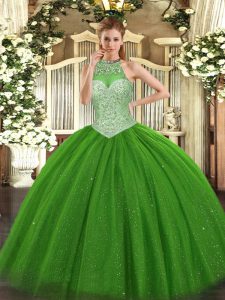 Luxurious Sleeveless Floor Length Beading Lace Up Quinceanera Gown with Green