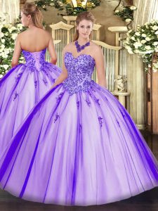 Enchanting Lavender Ball Gowns Tulle Sweetheart Sleeveless Appliques Floor Length Lace Up Sweet 16 Dress