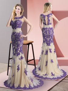 Side Zipper Prom Gown Champagne for Prom and Party with Beading and Appliques Sweep Train