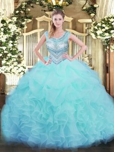 Beautiful Ball Gowns Quince Ball Gowns Aqua Blue Scoop Organza Sleeveless Floor Length Lace Up