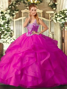 High Quality Straps Sleeveless Lace Up 15th Birthday Dress Fuchsia Tulle