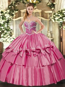 Hot Pink Ball Gowns Sweetheart Sleeveless Organza and Taffeta Floor Length Lace Up Beading and Ruffled Layers 15 Quinceanera Dress