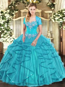 Amazing Aqua Blue Tulle Lace Up Sweetheart Sleeveless Floor Length Ball Gown Prom Dress Beading and Ruffles