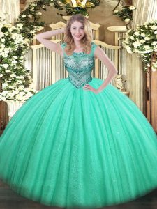 Pretty Turquoise Ball Gowns Beading Sweet 16 Dresses Lace Up Tulle and Sequined Sleeveless Floor Length