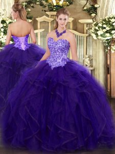 Purple Ball Gowns Sweetheart Sleeveless Organza Floor Length Lace Up Appliques and Ruffles Sweet 16 Dress