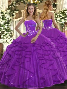 Fancy Strapless Sleeveless Tulle Vestidos de Quinceanera Beading and Ruffles Lace Up