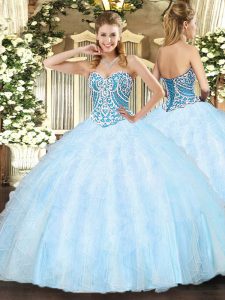 Floor Length Light Blue Quinceanera Dresses Sweetheart Sleeveless Lace Up