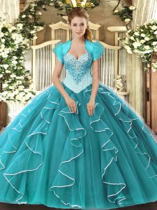 Teal 15 Quinceanera Dress Military Ball and Sweet 16 and Quinceanera with Beading Sweetheart Sleeveless Lace Up