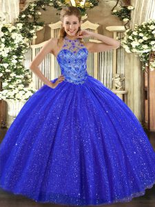 Royal Blue Ball Gowns Halter Top Sleeveless Tulle and Sequined Floor Length Lace Up Beading and Embroidery Ball Gown Prom Dress