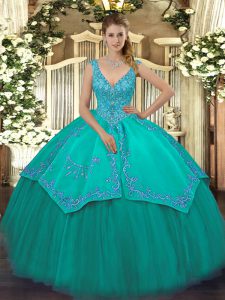 Turquoise Taffeta and Tulle Zipper Quinceanera Dress Sleeveless Floor Length Beading and Embroidery