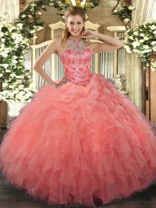 Beading and Embroidery Quinceanera Dress Watermelon Red Lace Up Sleeveless Floor Length