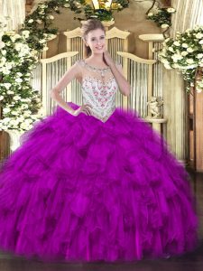 Fuchsia Zipper Scoop Beading and Ruffles Quinceanera Gown Tulle Sleeveless