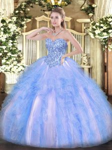 Blue And White Ball Gowns Appliques and Ruffles Sweet 16 Dress Lace Up Organza Sleeveless Floor Length