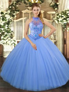 Classical Halter Top Sleeveless Tulle Quinceanera Dress Beading and Embroidery Lace Up