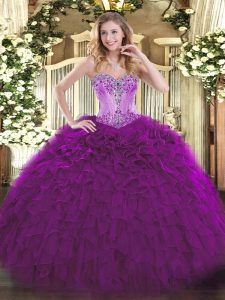 Luxury Floor Length Eggplant Purple Sweet 16 Dresses Sweetheart Sleeveless Lace Up