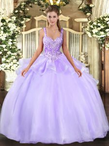 Straps Sleeveless 15 Quinceanera Dress Floor Length Beading Lavender Organza