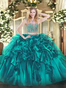 Cheap Teal Lace Up Ball Gown Prom Dress Beading and Ruffles Sleeveless Floor Length