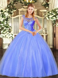 Beading Ball Gown Prom Dress Blue Lace Up Sleeveless Floor Length