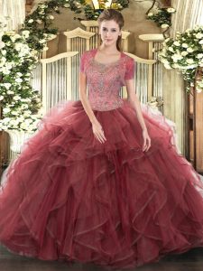 Fashionable Floor Length Clasp Handle Ball Gown Prom Dress Burgundy for Military Ball and Sweet 16 and Quinceanera with Beading and Ruffled Layers