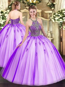 Flare Eggplant Purple Lace Up Quince Ball Gowns Beading Sleeveless Floor Length