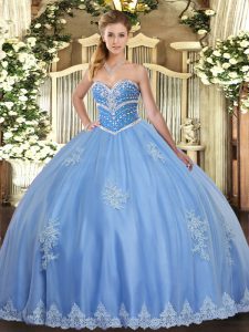 Colorful Blue Lace Up Sweetheart Beading and Appliques Quince Ball Gowns Tulle Sleeveless