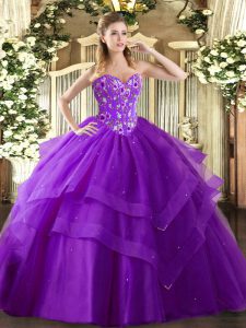 Floor Length Lace Up 15th Birthday Dress Eggplant Purple for Military Ball and Sweet 16 and Quinceanera with Embroidery and Ruffled Layers