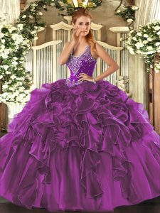 Eggplant Purple Straps Lace Up Beading and Ruffles Quinceanera Gown Sleeveless