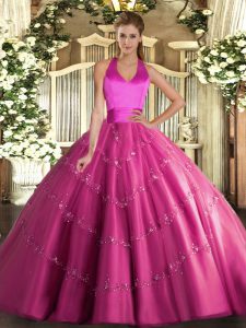 Floor Length Lace Up 15th Birthday Dress Hot Pink for Military Ball and Sweet 16 and Quinceanera with Appliques