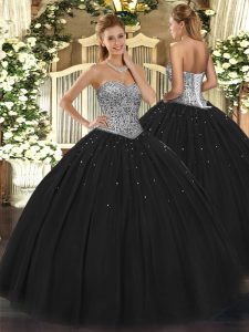 Customized Black Ball Gowns Tulle Sweetheart Sleeveless Beading Floor Length Lace Up Quinceanera Dress